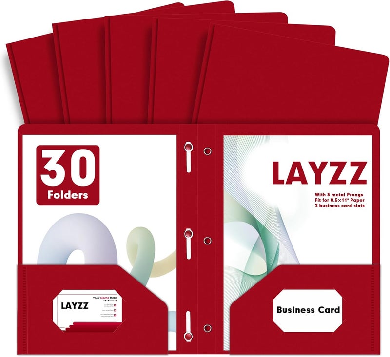 LAYZZ Plastic 2 Pocket Folders with Prongs, 30 Pack, Heavyweight, Letter Size Poly Folders with 3 Metal Prongs Fastener Clips (Red) - Image 1